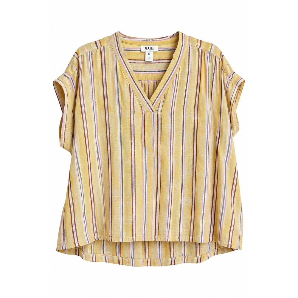 a.n.a Petite Large PL Yellow Striped Linen Blend V Neck Blouse Top BNWOT